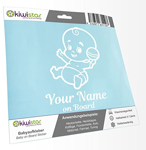 Kiwistar - Babyaufkleber - Weiß - Baby Rassel Sticker - mit Wunschtext individuell personalisiert + Baby on Board 15cm - für Auto, Motorrad, Tuning - Aufkleber selbst gestalten