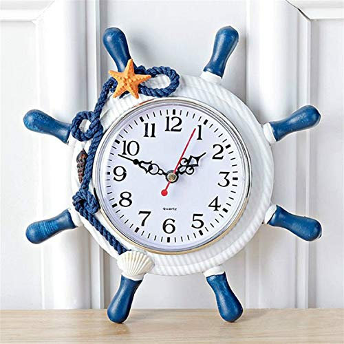 RTGGSEL Stile Mediterraneo Nautica Silenzio Scrivania Orologio Faro Timone Orologio in legno Ruota Nave Timone Orologio Spiaggia tema Orologio (Navy Helm)