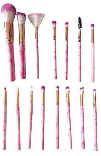 Juego de brochas de maquillaje – 15 pinceles de diferentes tamaños – Profesionales – Delineador – Cejas – Sombra de ojos – Base de maquillaje – Colorete – Cara – Blush – Efecto mármol – Rosa