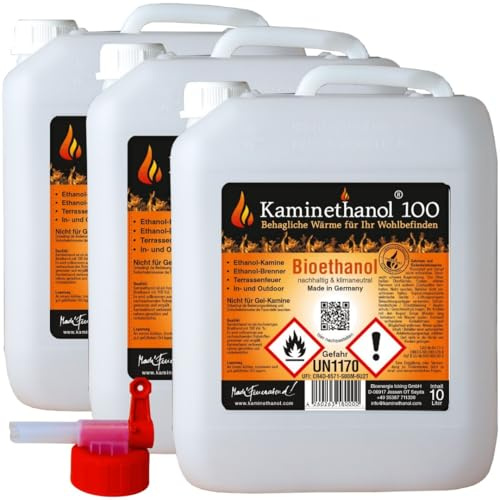 30 L Kaminethanol Bioethanol 96,6 % – 3 x 10 L Kanister mit Ausgießhahn