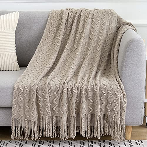 Hayisugal Tagesdecke Gestrickte Decke Sofadecke Bettdecke Ultra Soft überwurf Couch Decke Boho Wohndecke Kuscheldecke für Couch Bett Sofa Stuhl Büro, Khaki, 125 x 200 cm