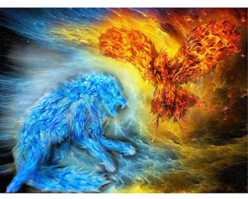 YINGXIN88 5D Diamantmalerei DIY Diamant Strass Malerei Kit für Erwachsene und Kinder zu Hause WanddekorationBlauer Wolf und roter Vogel-60x60cm