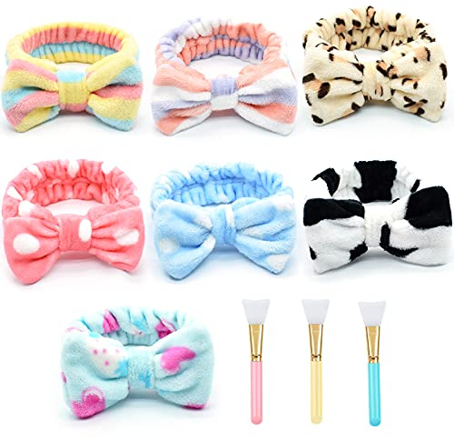 VEGCOO 7 Stück Bowknot Haarband, Coral Fleece Elastisches Stirnband mit 3 Stück Silikonbürsten, Spa Stirnbänder für Duschen und Gesicht waschen