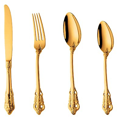 Juego de cubiertos de acero inoxidable 18/10 de calidad alimentaria de 4 piezas con cuchara de tenedor de cuchillo, cucharilla, estilo real antiguo, apto para lavavajillas