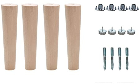 Britwood Wooden Tapered Cone Furniture Replacement Legs Raw State M8 Thread T-Nuts Protective Felt Pads Set of 4 Legs for Sofa Cabinet Footstool Chair Bed Ottoman (6.7'' = 17 CM, Clear Lacquer)