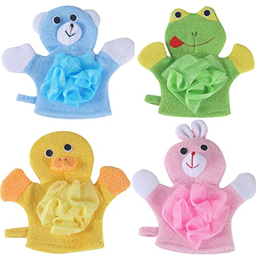 Baby-Waschhandschuh mit kleinem Schwamm – niedliche Tier-Designs Kinder-Waschlappen, Handschuh, Kinder-Badehandschuh zur Reinigung der Haut (Bär, Kaninchen, Frosch, Ente)
