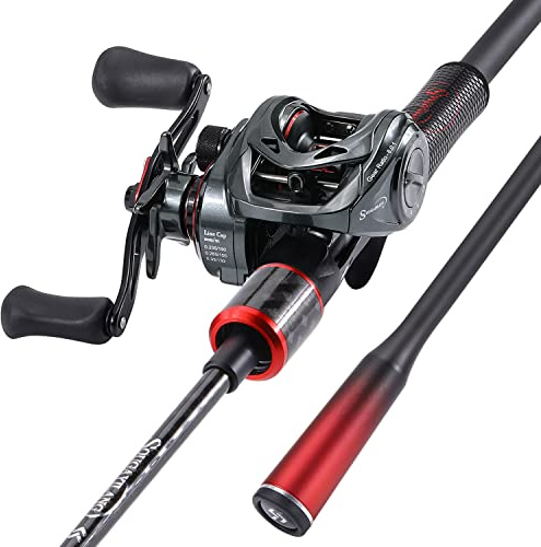 Sougayilang Baitcast-Angelrute und Rolle, mittelgroß, 1,8 m/2,1 m, niedriges Profil mit SuperPolymer-Griff (2-teilig, links 2,1 m)