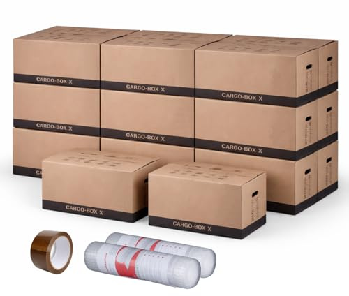 karton-billiger | Umzugsset Umzugskomplettset ECO für 1-2 Zimmer, bis ca 50 m² | Umzugskartons, Luftpolsterfolie, Klebeband