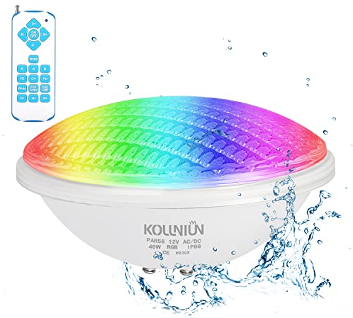 KOLLNIUN Illuminazione per piscina a LED Luci led subacquee, PAR56 Luce per piscina Faretto subacqueo con telecomando, 12V AC/DC IP68 Lampada per piscina impermeabile (40 watt)