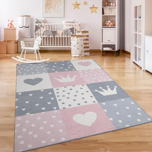 Paco Home Teppich Kinderzimmer Kinderteppich Spielteppich Kurzflor rutschfest Krone Herzen Punkte Sonne Regenbogen Buchstaben, Grösse:120 cm Rund, Farbe: Creme Rosa Grau