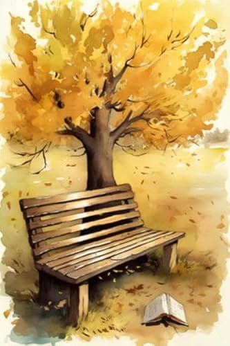 adrium Acryl-Bild 50 x 80 cm: Aquarellillustration einer Holzbank im Herbstpark mit gelben Bäumen. (204190496)