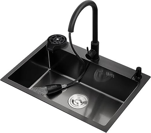 Impianti Vaschetta per Verdure in Acciaio Inox con Cestello di Scarico Lavello della Cucina Domestica Lavello Singolo per Lavastoviglie sopra E Sottopiano Lavello A Sifone Cucina (Color : Black Steel