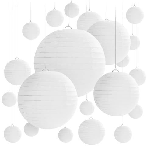 16 Pcs Paper Lanterns, Different Sized white Round Paper Lanterns with Wire Ribbing, Suitable for Weddings, Gardens, Festivals, Birthday Parties, Family Gatherings and Patio Decorations