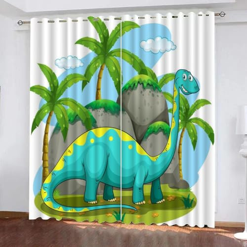 XPINGO 3D Dino Gardinen ösenschal 2er Set B 120 X H 140 cm Cartoon Dinosaurier Vorhang Blickdicht Kälteschutz Schallschutz Verdunkelung Wärmeisolierende Vorhänge für Wohnzimmer Schlafzimmer