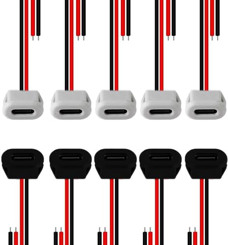 RUNCCI-YUN 10PCS USB C Type-C Female Chassis 2Pin Soldering Jack Waterproof USB C Pigtail Cable Extension Power Cable Micro USB Type C Panel Mount Connector with Card Buckle (black white)