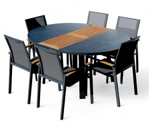 ALEOS. Gartengarnitur Gartenset Aluminium Teak Set mit rundem Ausziehtisch 120cm auf 160cm ausziehbar + 6 Stapelstühle anthrazit Trinidad