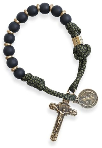 Nazareth Store One Decade Green Paracord Black Matte Beads Antique Bronze Rosary Bracelet with St Benedict Cross Crucifix For Men and Women
