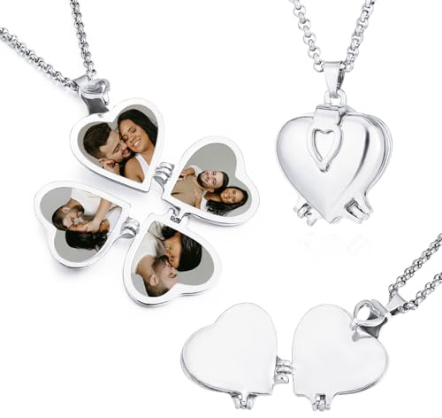 MeMeDIY Personalized Heart Locket Necklace That Holds 4 Photos Custom Photo Locket Pendant Necklace for Women/Mom Expanding Photo Locket - Gold Plated Vintage Locket - B1