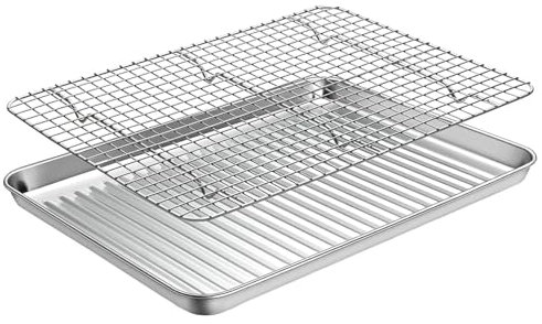 LIGUOYI Piatti da Portata Rettangolari con Griglia di Raffreddamento 41×31cm, 44×32cm Teglie da Forno in Acciaio Inox Antiaderente Teglia per Grasso per Cuocere, Cucinare, Servire(320x250mm)
