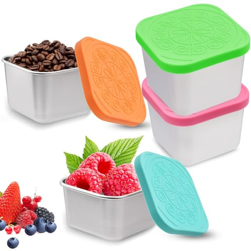 4Pcs Stainless Steel Snack Pots for Children, Food Storage Containers Easy-Open Stackable Snack Box with Silicone Lids Metal Toddler Lunch Box for Nursery Reusable Small Metal Bento Box, School Travel