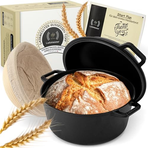 LaibMeister Pentola in ghisa smaltata, 26 cm, con coperchio, robusta pentola in ghisa per il pane, con cestino per la fermentazione, ideale per la cottura del pane, per il pane, perfetto per la casa