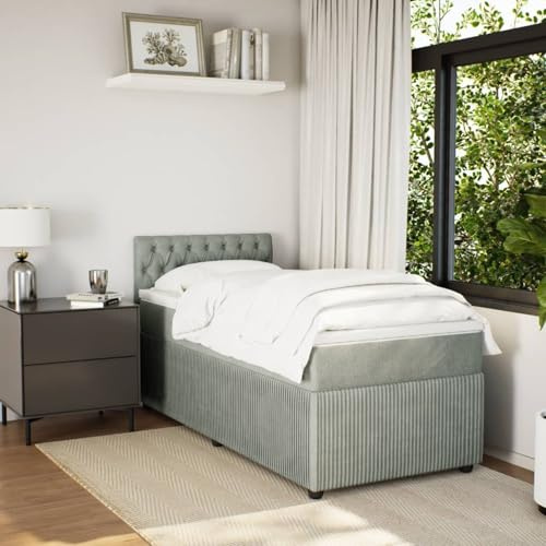 IKAYAA Boxspringbett 100x200 mit matratze und Topper Bett 100x200 mit matratze und lattenrost Polsterbett Einzelbett Schlafzimmer-Hellgrau-100 x 200 cm