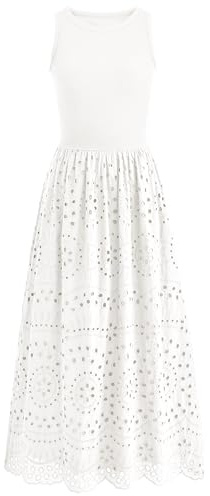 dowerme Women Summer Dresses 2026 Casual Sleeveless Crewneck A-Line Boho Lace Eyelet Cotton Tank Maxi Dress with Pockets(White,Large)