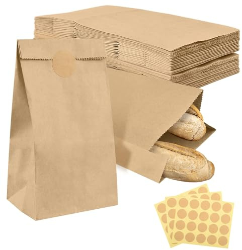 50 Stück Braun Papiertüten - Braun Groß 28 x15 x 9cm Kraftpapier Tüten mit 60 Aufkleber Brottüten Papier Butterbrottüten mit Aufkleber Geschenktüten DIY Adventskalender Tüten Gastgeschenke Hochzeit