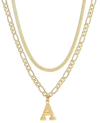 FOCALOOK Collar Mujer 2 Capas Acero Inoxidable 316L Choker Cadena Serpiente Plana con Colgante Letra Inicial A Joyería Deliciosa Pareja Nombres Personalizados