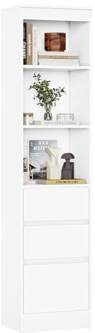 AOGLLATI Bücherregal, Bücherschrank mit 3 Schubladen und 3 Fächern, Büroregal mit verstellbaren Ablagen, 180 cm Hochschrank für Wohnzimmer Schlafzimmer Arbeitszimmer, modern, platzsparend, Weiß