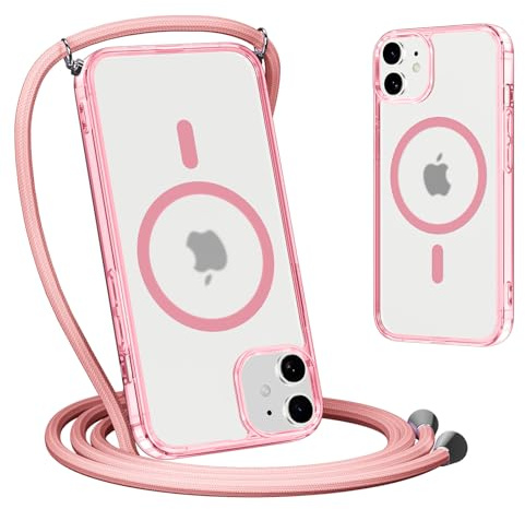 Yoedge Magnetica Cover per iPhone 12 Mini con Cordino 5,4, Compatibile con Magsafe, Traslucida Opaca Ultra Sottile Silicone TPU Antiurto Custodia con Collana Laccio Tracolla per iPhone 12 Mini, Rosa