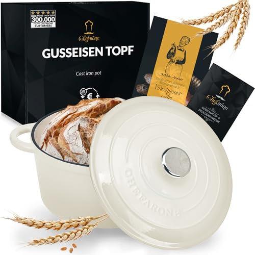 Chefarone Cacerola Hierro Fundido 24 cm 3,5L Esmaltada con Tapa Inducción Horno – Cocotte Multiusos para Hornear Pan Guisar Freír Cocinar