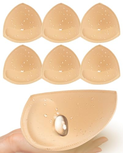 Adamotto Waterproof Bra Inserts 3 Pairs for Women, Removable Sewn-Edge Push Up Pads, Breathable Swimsuit Padding for Bikini Top and Bathing Suit, AB Cup, Beige