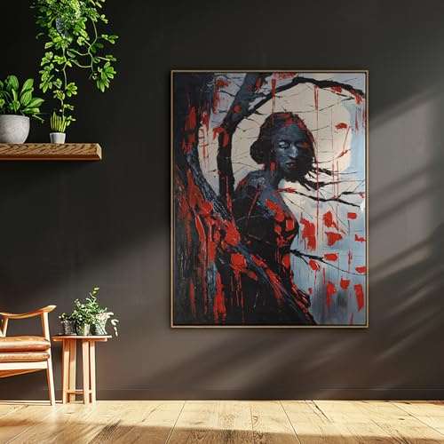 AUREDAS XXL Gemälde handgemalt - Schwarze Phytomorphe - 150x200cm groß, mit Schattenfugenrahmen Eiche Hell, für Wohnzimmer Schlafzimmer, Büro, ein hochformat Wandbild als Leinwandbild