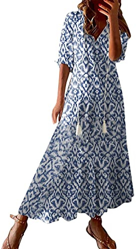 Generisch Damen Spitzenkleid Kurzarm V-Ausschnitt Retro Sommer Spitzen Strandkleid Maxi Kleider Lang Lose Sommerkleid Maxikleid Boho Volantkleider mit Kordelzug Bequem Maxi Kleid (001 Blau, S)