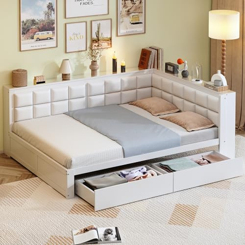 Arhatreya Schlafsofa 140x200 cm, L-Form Sofabett mit Schublade, Holzbett mit Weicher Rückenlehne, Einzelbett Tagesbett für Gästezimmer Schlafzimmer (Ohne Matratze) Weiß
