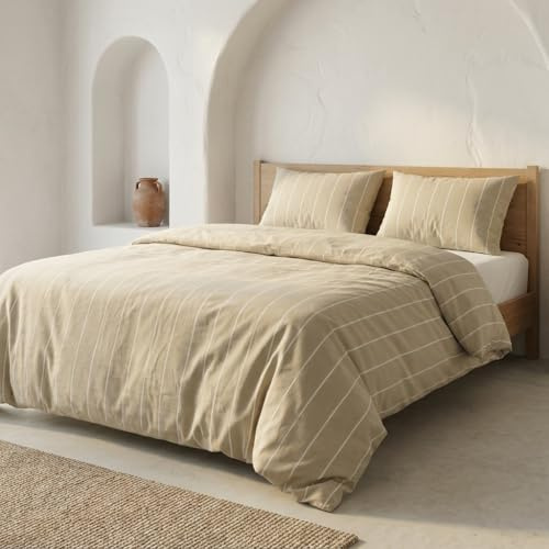 GAMUSI Juego Funda nórdica Cama 90 100% algodón - Funda Almohada 45x110 cm, Estampado líneas Beige