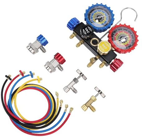 Akozon Set HVAC con Valvole di Sicurezza, Kit Collettore AC per Refrigeranti R410A R32 R134A R22, Include Tubi Flessibili e Adattatori per Sistemi HVAC Automobilistici