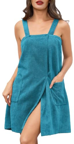 Lovasy Towelling Bath Robes for Women Wrap Spa Bathrobe Lightweight Dressing Gown Womens with Pocket Adjustable Buttons,Blue Green,XXL-3XL
