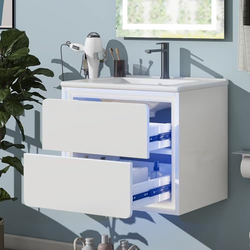 PUGSDRLY Meuble de Salle de Bain 60cm avec Plan Vasque intégré, éclairage LED avec capteur Radar, Meuble Lave Main WC avec 2 tiroirs, Meuble-lavabo Suspension Murale (White)