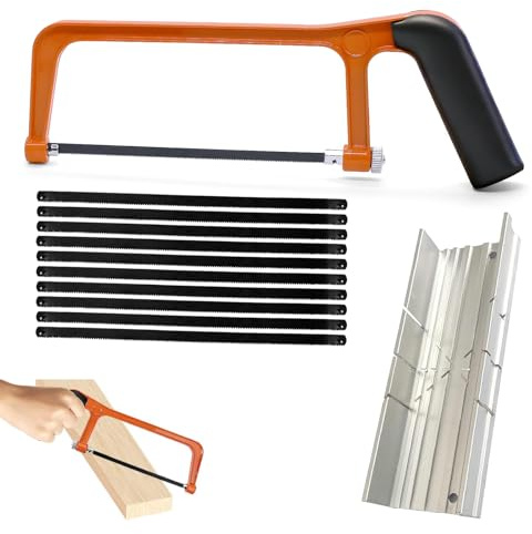 12 Stück Metallsäge Set 150mm, Orange Hand Bügelsäge Metall Eisensäge Set mit 10 Klinge Holzsäge Kleine Handsäge Handsägensatz mit Gehrungslade für PVC Rohre Holz DIY Projekte