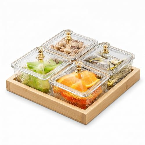 Raoletin 4 Pack Snack Tray Pots with Lids and Wooden Serving Tray, Clear Decorative Snack Containers Set for Parties and Table Display, Removable Serving Platter for Sweets, Nuts, Crisps and Desserts