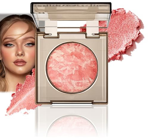Baked Blusher Powder, Coral Shimmer, Pressed Blush Compact