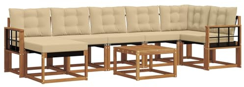 Yisssmeng Set di 8 divani da esterni con cuscini, moderni mobili da giardino in legno di acacia massiccio e textilene, divano angolare e sgabello per terrazza e piscina, naturale e beige