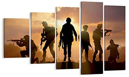 Mehrteilige Bilder auf Leinwand Armee Waffen Sonne Militär Leinwandbild 100x60cm Wandbilder Dekoration Wohnzimmer Schlafzimmer Set 5 teilige Groß Wanddeko Bild Wand Kunstdruck Art Canvas EG100x60-2962