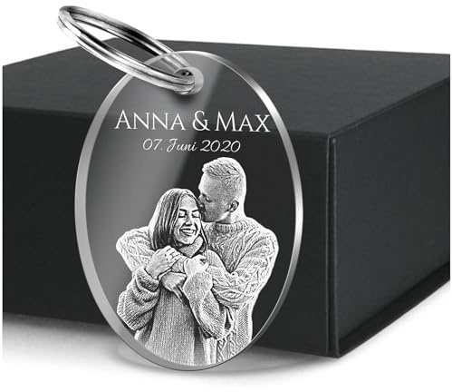 CHRISCK design Personalisierter Schlüsselanhänger mit Foto Bild & Namen Gravur - Individuelle Geschenkidee - Personalisiertes Geschenk für Freundin - Fotogeschenk für Freund