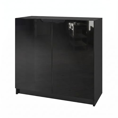 Vladon Sideboard Logan, Made in Germany, Kommode mit 2 Türen, Schwarz matt/Schwarz Hochglanz (82 x 78 x 37 cm)