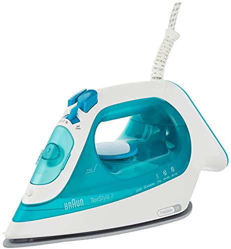 Braun TexStyle3 SI3041GR Ferro da Stiro a Vapore con 5 Anni di Assistenza, Piastra in Ceramica, Stiratura in Verticale, Punta di Precisione, Getto di Vapore 150g/min, Potenza 2350watt, Bianco/Celeste