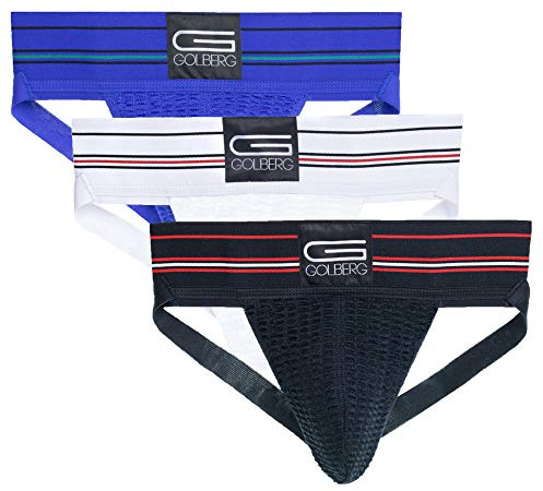GOLBERG G Mens Jockstrap Underwear - 3 Pack (Black, Blue, and White), Size Large (38-42 Inch) - Athletic Supporter