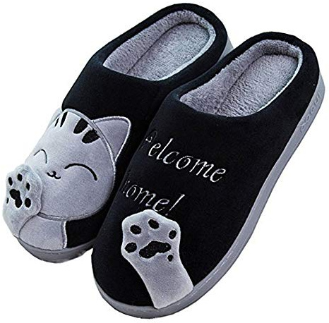 Cliont Mignon Chat Pantoufles Pantoufles Intérieur Anti Slip Chaussures Cadeau De Noël pour Les Femmes Et Les Hommes,37/38 EU,Noir